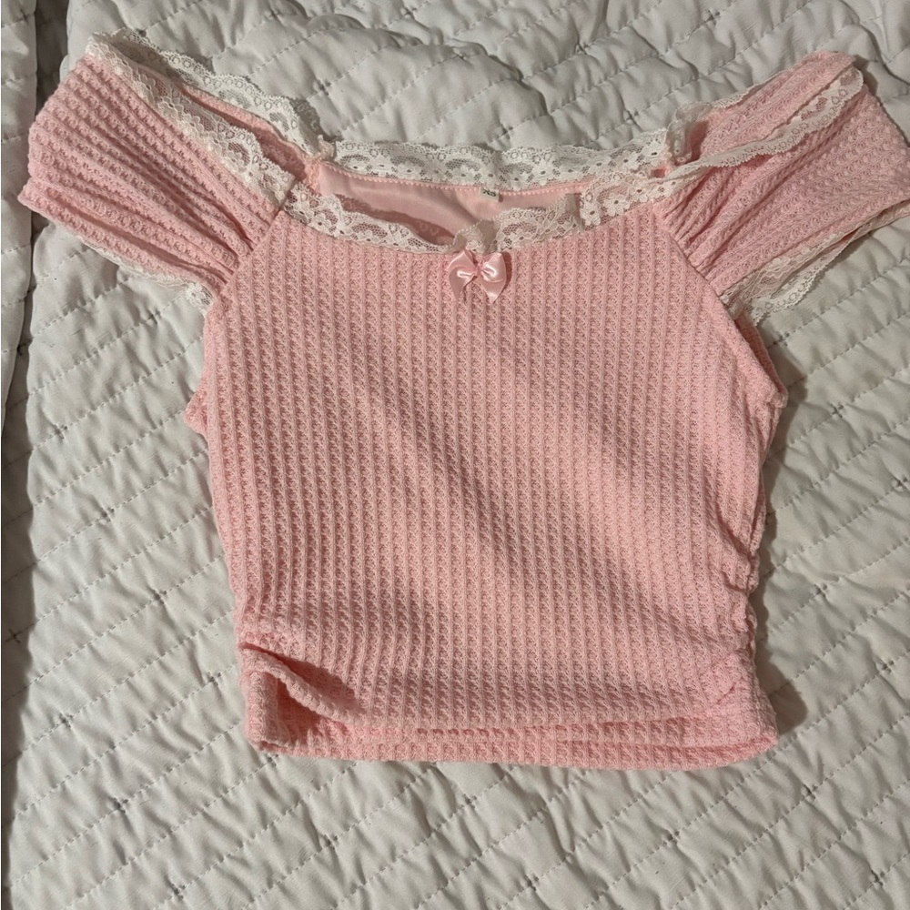 SHEIN Pink Off-Shoulder Lace Crop Top